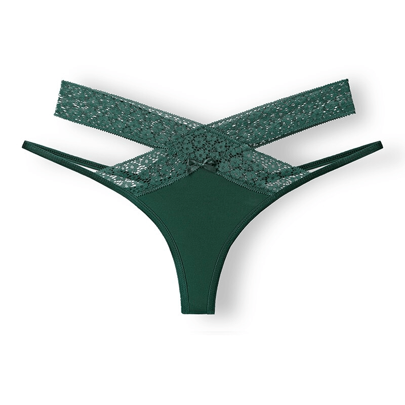 Sexy Lace Cutout Women's Thong SF0987 - Breathable, low-rise G-string panties in green, perfect for comfort and style.